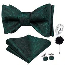 5Pcs Green Paisley Men Accessory Set, Self-Tie Bow Tie Pocket Square Cufflinks Ring Boutonniere, Random Cufflink Patterns, For Groom Wedding - Green - View 2