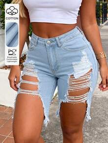 Washed Distressed Straight Leg Denim Shorts, Made Of Stretchy Fabric, Comfortable For Daily Wear, Fashionable And Stylish - Light Wash - View 1