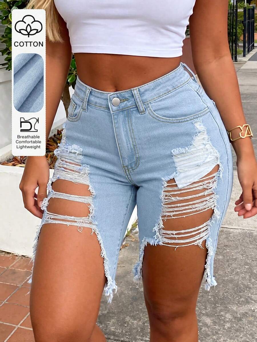 Washed Distressed Straight Leg Denim Shorts, Made Of Stretchy Fabric, Comfortable For Daily Wear, Fashionable And Stylish - Light Wash - View 1
