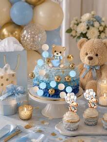 22/15/6/1pc-Blue Teddy Bear Cake Decorations, Planet Theme Cake Decorations, Suitable For Boys And Girls Birthday Parties And Baby Shower Party Decorations - Perfect For Boys Birthday Party - Multicolor - View 2