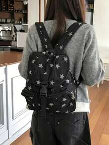 韓系小眾設計 Ins 風大容量波點星星通勤戶外日常購物學生背包復古水桶校包日系風格 - 深灰色 - 查看 4