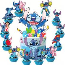 Hasbro Stitch Theme Birthday Cake Topper Set, Colorful Printed Paper, Multiple Cartoon Shapes, Fresh Blue Tone, Birthday Party Cake Decoration - View 2