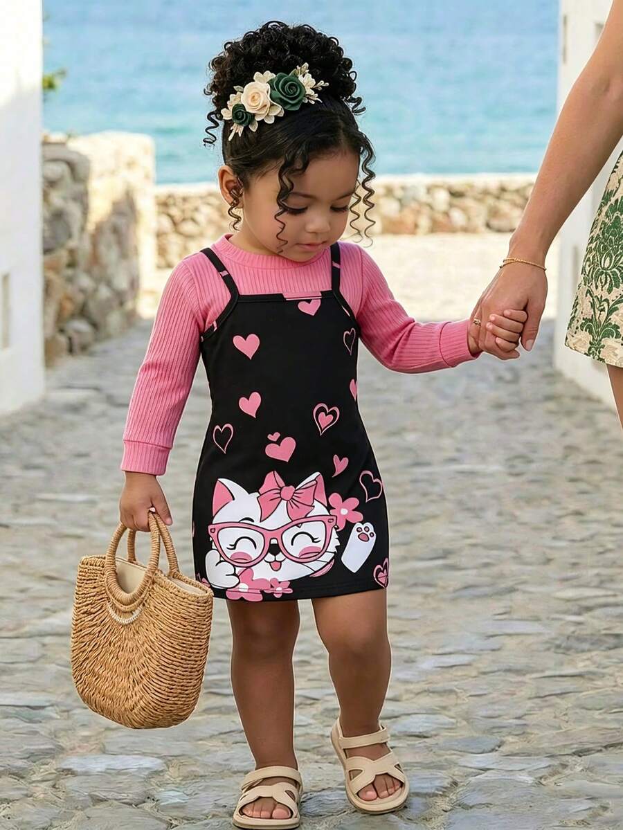 2pcs Baby Girl Sweet Elegant Spring & Fall Outfit Set - Heart Glasses, Bowknot, Cat Pattern Cami Dress & Asymmetrical Crop Top - Pink - View 1
