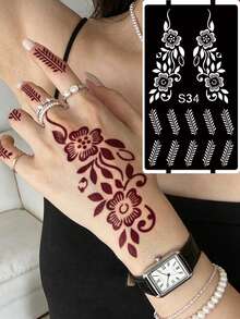 3pcs Set Hana Hand-Drawn Hollow Tattoo Stencils Floral Pattern Nail Art Tattoo - Sexy Floral Design, Suitable For Hands, DIY Painting, Ink, Reusable Mehndi Design Template Stickers - Black - View 5
