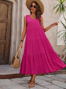 Vestido rojo sin mangas para mujer, largo tipo tiered con cuello en V, estilo bohemio casual - Rosa - Ver 10