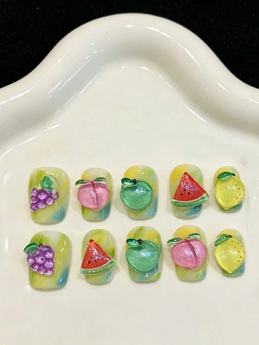 10PCS Extra Short Coffin Handmade Press On Nails For Party And Daily Wear,Multiple Colors Nail,Fruit Feast 3D Grape Cute Press On Nails,Easy To Wear 10pcs Y2K Handmade Press On Nail,Suitable For Girls And Women Festivals Parties And Daily Wear