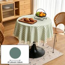 1pc Round Striped Tassel Tablecloth, Fresh Pastoral Style Table Decor, Green Striped Dust-Proof Tablecloth With Tassels, Home Tablecloth, Suitable For Picnic Or Holiday Party, Room Decoration, Kitchen Decoration, Home Decor. - Green - View 12