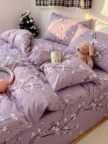 2/3pcs Purple Plum Blossom Pattern Bedding Set, Soft & Breathable, Wrinkle-Resistant, Improves Sleep Quality, Luxury Hotel Style, Gift For Parents & Friends, Double-Sided Dual-Color Quilted Duvet Cover*1, Pillowcase*1/2, Size Options: Extra Large, Large, Standard Double, Single - Purple - View 5