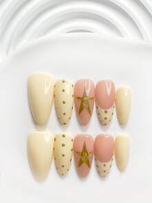 10片溫柔優雅手工穿戴式美甲貼片，Poly Gel美甲藝術套組，星星圖案，黃色與粉色指甲油，極簡風格，含美甲工具，3種尺寸可選：方形、短方形、杏仁形，適合派對、舞蹈、日常配戴 - 彩色 - 查看 20