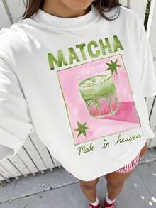 Camiseta de Mujer, Camiseta Gráfica "Matcha Made In Heaven", Estampado de Bebida en Acuarela, Corte Holgado, Manga Corta, Estilo Casual - Blanco - Ver 1