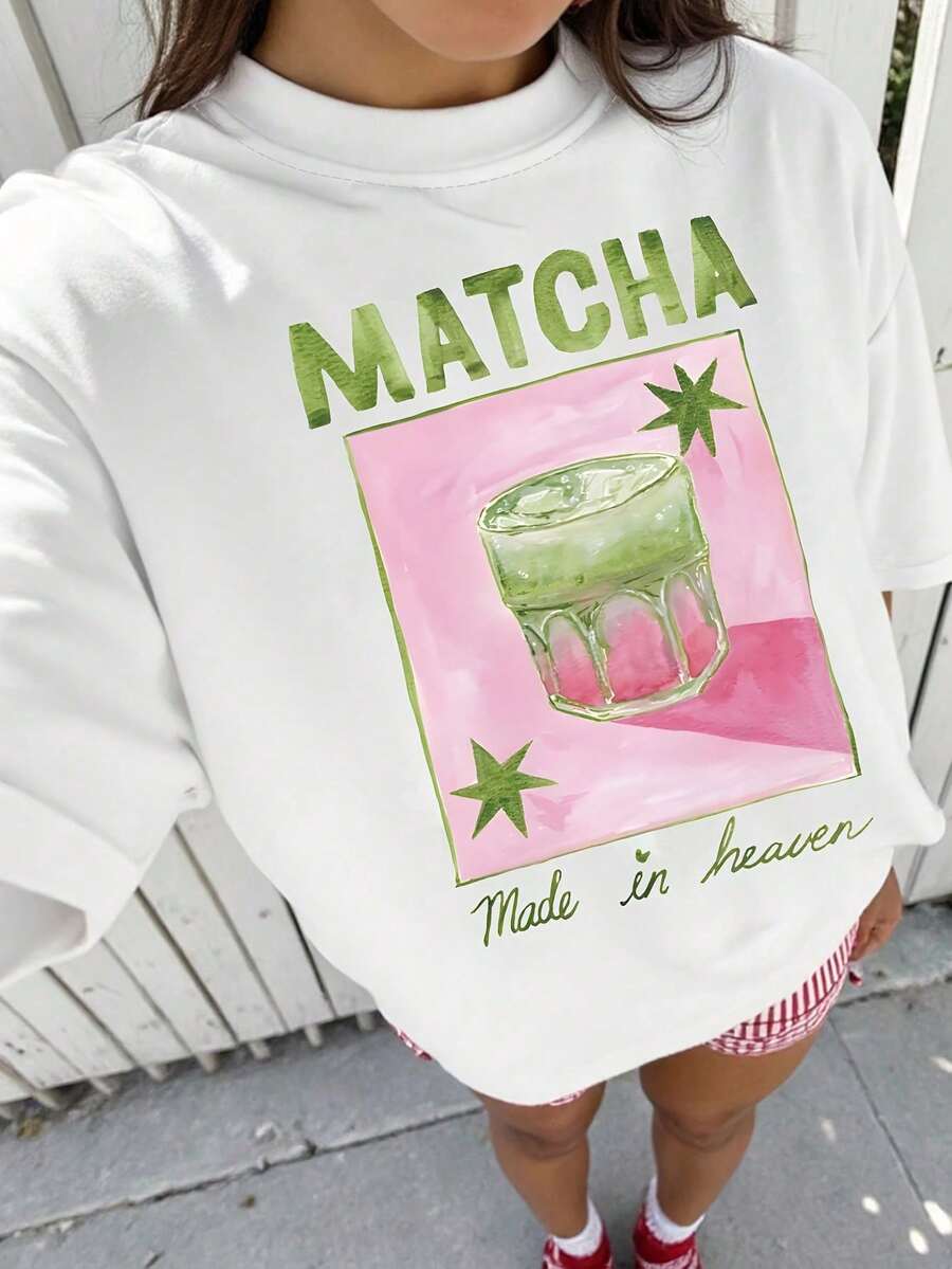 Camiseta de Mujer, Camiseta Gráfica "Matcha Made In Heaven", Estampado de Bebida en Acuarela, Corte Holgado, Manga Corta, Estilo Casual - Blanco - Ver 1