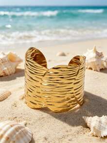 1 pieza Brazalete de concha grande dorado, ajustable, joyería de oro que no se desvanece, chapado en oro de 18k, adecuado para vacaciones, moda elegante, fiesta y accesorios de uso diario - SZ111 - Ver 4