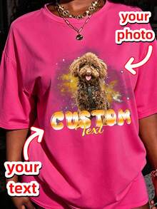 Custom Pet Print T-Shirt, 90s Retro Bootleg Rap Style,Fans & Custom Text/Image Design Summer - Hot Pink - View 1
