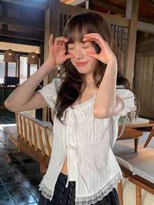 Solid Color Lace Trim Tie Front Short Sleeve Blouse Women's Summer Top White - White - View 3