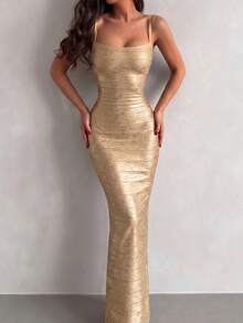 Vestido de verano largo ajustado con tirantes finos, abertura, acanalado metálico sexy tipo vendaje para mujer, elegante vestido de cóctel dorado para fiesta nocturna - Dorado - Ver 6