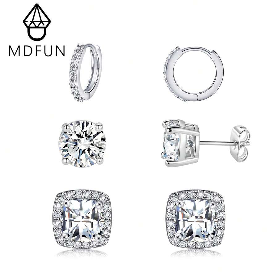 MDFUN 3對女款耳環套組 14K白金鍍鋯石耳環,包含圓環耳環、垂墜耳環與耳釘 - 方形 - 查看 1