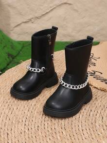 1 Pair Girls' Flat Round Toe Rhinestone Fashion Versatile Mid-Calf Boots, Comfortable Chain Boots - Black - View 2