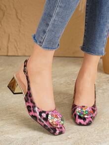 Pink & Black Leopard Print Square Toe Slingback Sandals For Women, 4.5cm Metallic Shiny Chunky Heel, Colorful Rhinestone Round Buckle Closed Toe Strap Shoes, Spring/Summer Sexy Style For Date, Party, Commute, Comfortable Low-Mid Heel Women's Shoes - Purple - View 3