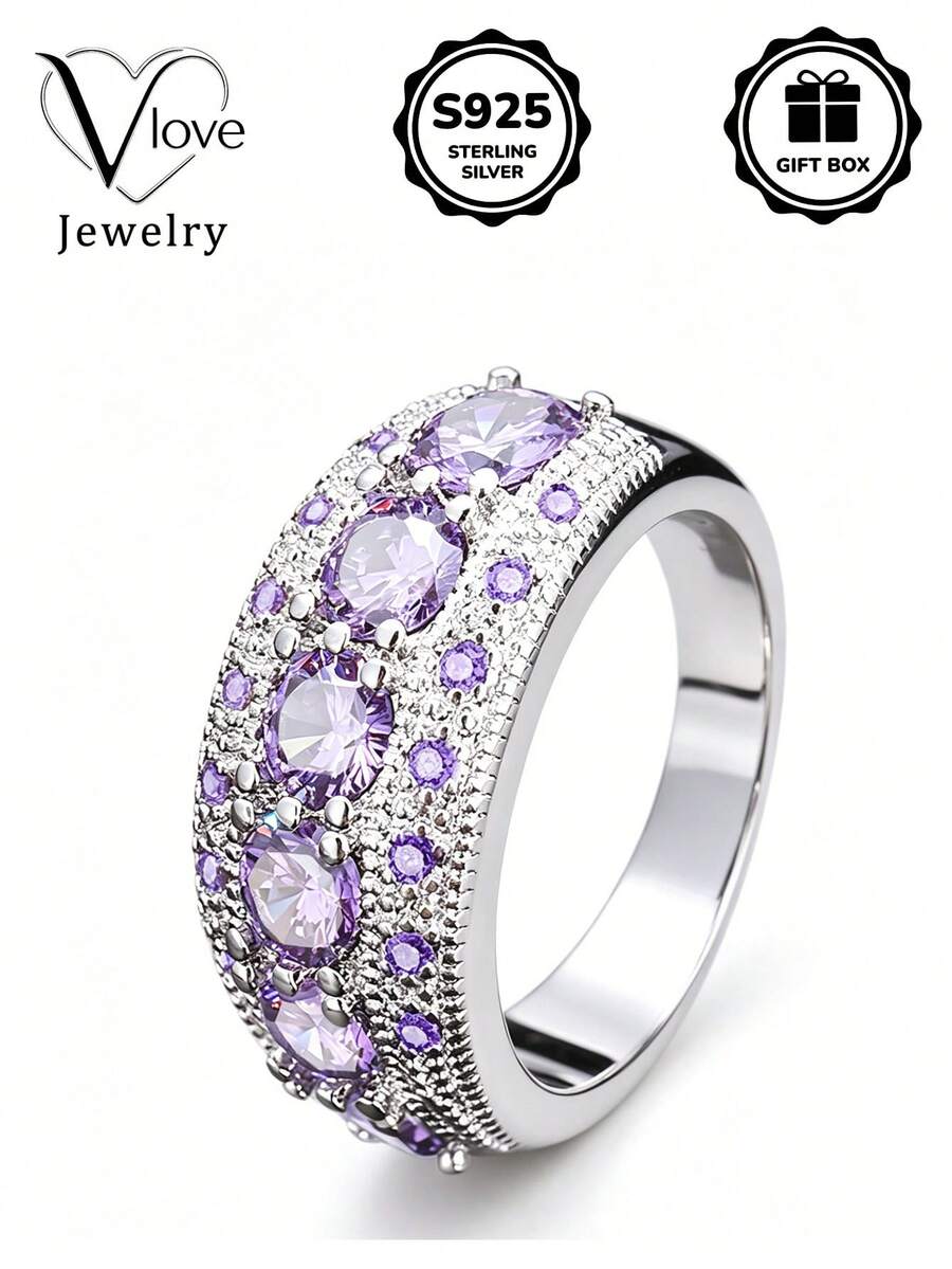1 pièce Bague en argent sterling S925 incrustée de zircone synthétique violette, recommandée pour le port quotidien et comme cadeau surprise d'anniversaire, livrée avec boîte cadeau