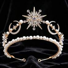 1pc Bridal Rhinestone Crown Pentagram Moon Tiara Faux Pearl Headpiece Party Evening Dress Decoration, Coronas - Multicolor - View 8