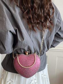 1 Buah Tas Clutch Malam Bentuk Hati Berkilau dengan Gesper Cincin Berlian Imitasi dan Tali Rantai Logam Tipis, Tas Selempang Pesta Pernikahan Gaya Gadis Manis dan Keren #HeartShapeEveningClutch #GlitterMiniBag #RhinestoneRingClasp #PartyCrossbodyPurse - Berwarna merah muda - View 9