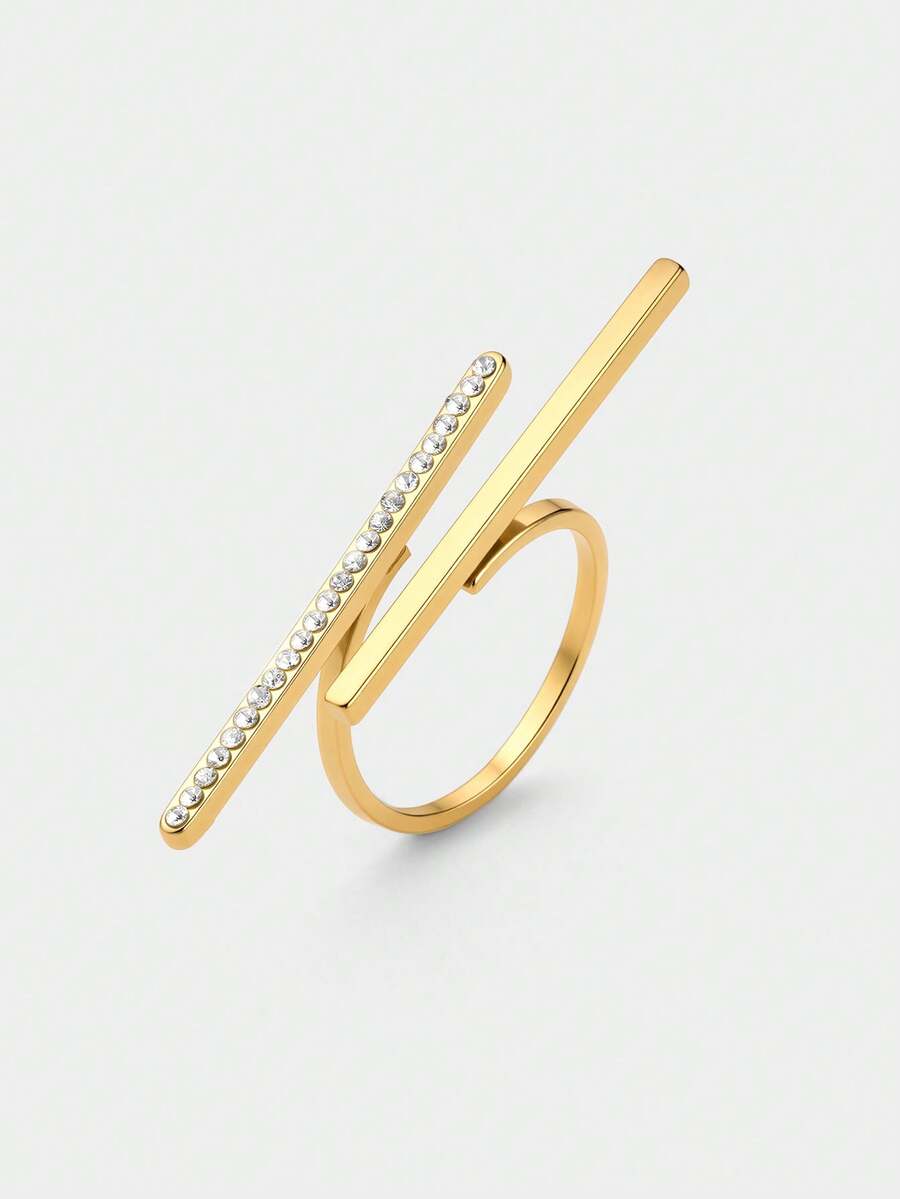 Ashenrae 1 chiếc nhẫn thép không gỉ kéo dài tối giản thời trang có đính kim cương giả - Vàng - Xem 1