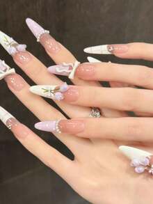 10 Peças Unhas Postiças Longas Stiletto Feitas à Mão para Festa e Uso Diário, Unhas Roxas, Tulipas Roxas Esculpidas em 3D, Para Usar 10 Peças Unhas Postiças Feitas à Mão Y2K, Unhas de Verão. Fácil de Usar, Unhas de Verão, Adequado para Meninas e Mulheres em Festivais, Festas e Uso Diário - Lavanda - Visão 4
