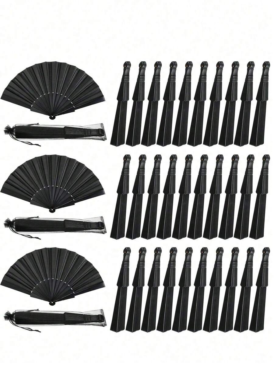 10/20pcs Wedding Hand Fan Party Favors, Black Plastic Folding Handheld Fan With Organza Bag, Suitable For Summer Wedding Guests And Dance Props