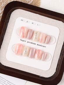 10pcs Short Round Handmade Press-On Nails, Soft Pink Marble Gradient Glitter Nude False Nails, Glossy Silver Foil Swirl Design, Reusable Full Coverage Women's Fake Nails, Suitable For Daily Office, Date, Wedding Manicure - Baby Pink - View 7