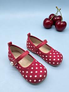 1 Pair Girls 3-13,Red White Polka Dot Single Strap Mary Jane Flats, Pearl Decor Kids Cloth Shoes, Soft Non-Slip Sole For Daily, Wedding & Photo Shoots - Red - View 4