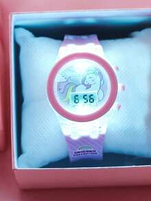1/7pcs Cute Girls Silicone Watch Unicorn, Rainbow Horse Pattern LED And Five-Leaf Clover Jewelry - Pink - View 5