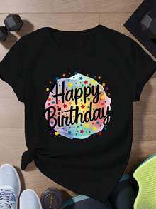 Camiseta unisex, camiseta para feliz cumpleaños, camiseta deportiva de manga corta para mujer, blusas para mujer, camisas de mujer, blusa, camisas - Negro - Ver 1