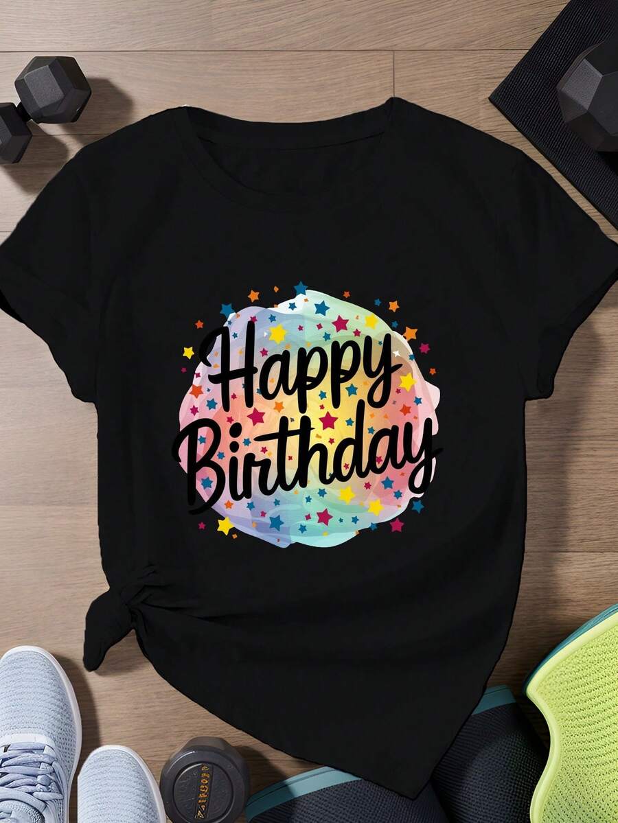 Camiseta unisex, camiseta para feliz cumpleaños, camiseta deportiva de manga corta para mujer, blusas para mujer, camisas de mujer, blusa, camisas - Negro - Ver 1