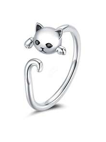 Adjustable Cat Tail Ring, Silver-Plated Cute Kitten Open Wrap Ring, Black Eyes, Fashionable Animal Personality Accessory, Suitable For Women's Daily Wear - Silver - View 11