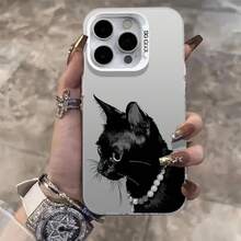 Black Cat Necklace Case For Apple 16Pro,  15Pro, 14Pro, European And American 17Pro New Model - Silver Case - White - Necklace With Black Cat - View 1