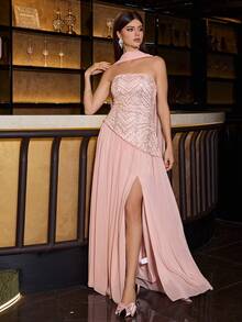 Elegant Strapless Sequin Patchwork Dress With Flared Hem And Pearl Decor, 2 In 1 With Flowing Sash Pink Wedding Party Fall - Pink - View 8