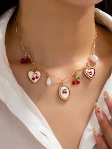 pieza de collar con dije de corazóy lazo de cerámica para mujer, collar de cuentas de perlas sintéticas con dijes, collares con dijes (cerámica hecha mano, el color, la forma y el patr - Multicolor 17 - Ver 5