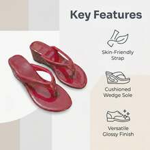 Burgundy Red Glossy Wedge Flip Flops, Soft Suede Lining, Comfortable Summer Women's Sandals, Suitable For Daily And Vacation Wear - Red - View 2