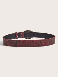 1pc Men's Belt, Fashionable Western Style Rose Flower Buckle, Red PU Embossed Strap, Suitable For Jeans Decoration Accessory - A - View 3