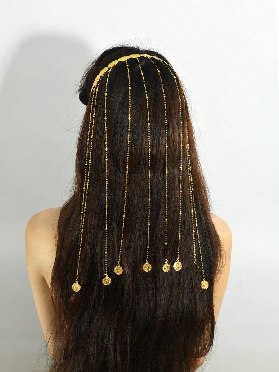 1pc Gold Positioning Bead Chain Tassel Coin Pendant Women's Hair Accessory Jewelry Headband Bridal Wedding Jewelry Head Chain (Random Number Of Positioning Beads On Chain) - Gold - View 1