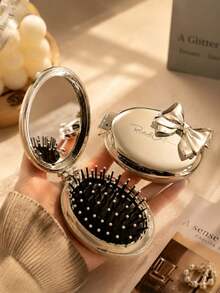 Bowknot Pink & Silver Mirror 3D Bow Foldable Comb Mirror, Portable Flip Cover Makeup Mirror Comb All-In-One Pocket Handheld Beauty Comb Mirror, Gentle Style Girl Pocket Handheld Makeup Comb Mirror, Travel Portable Hair Comb, Mini Portable Makeup Tool Exquisite Luxury Metal Texture Makeup Mirror, Gift For Women, Portable Makeup Touch-Up Storage Beauty Accessory - Multiple Styles - View 5