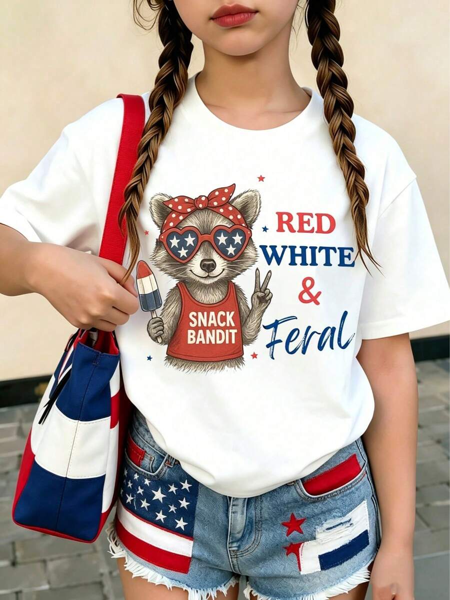 [Día de la Independencia] Camiseta de manga corta con cuello redondo y estampado patriótico del Día de la Independencia para niñas, ideal para estudiantes jóvenes y niños.Top cómodo, casual, - Blanco - Ver 1