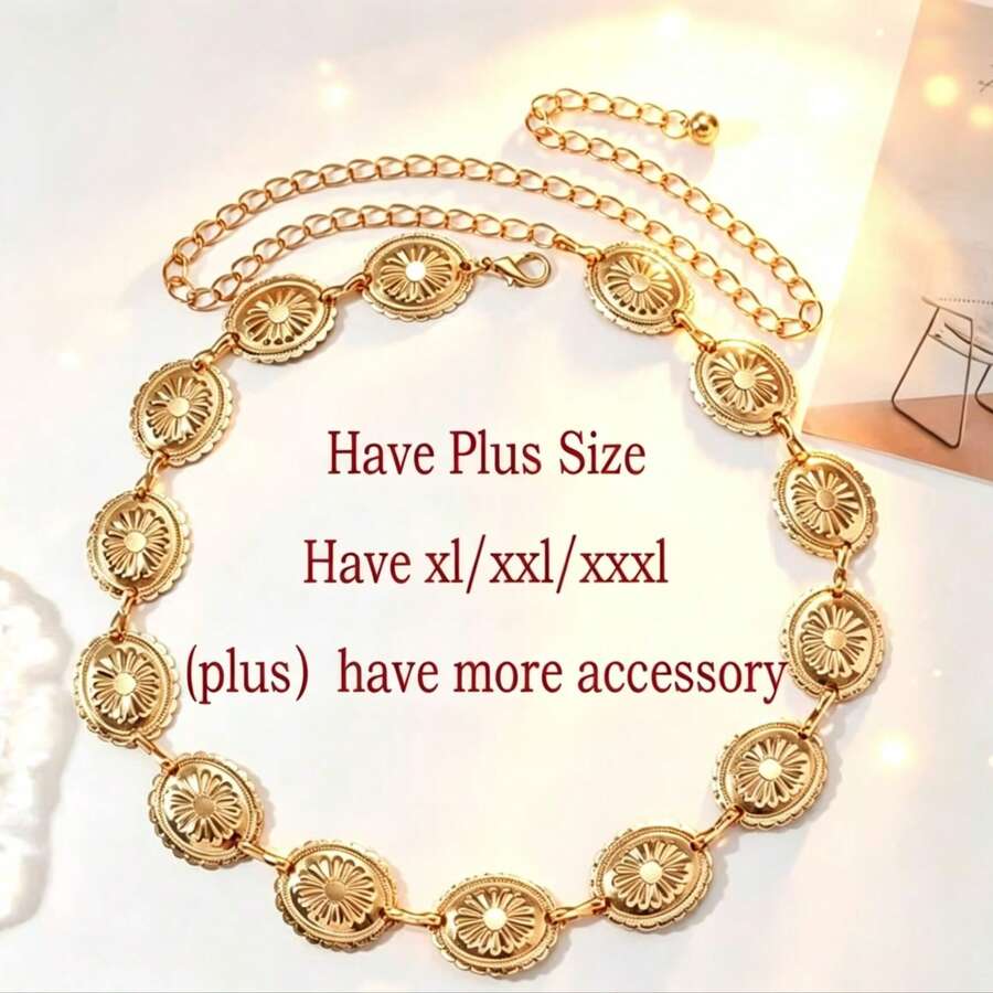 1pc Oversize Plus Size High Alloy Material Women's Belt Waist Chain, Bohemian Gold Daisy Edge Metal Textured Pants Chain Waist Chain, Matches Western Style Jeans, Beach, Vacation, Party, Plus Size XXL/XXXL - Gold - View 1