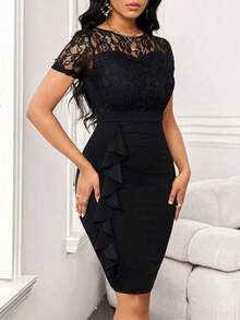 Lady Vestido de invitada de boda con plisado de encaje y falda de cadera para fiestas de trabajo - Azul marino - Ver 5
