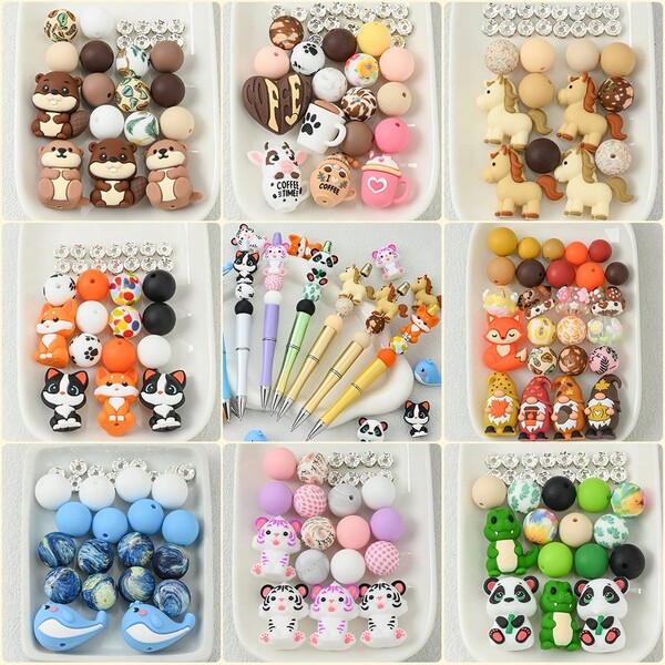 1 Set, Autumn/Winter Fashion Style, Silicone Round Beads With Squirrel/Pony/Whale/Cat/Tiger/Fox Multi-Style Combination Silicone Beads, DIY Jewelry Making Beads, Gift For Handmade Enthusiasts.