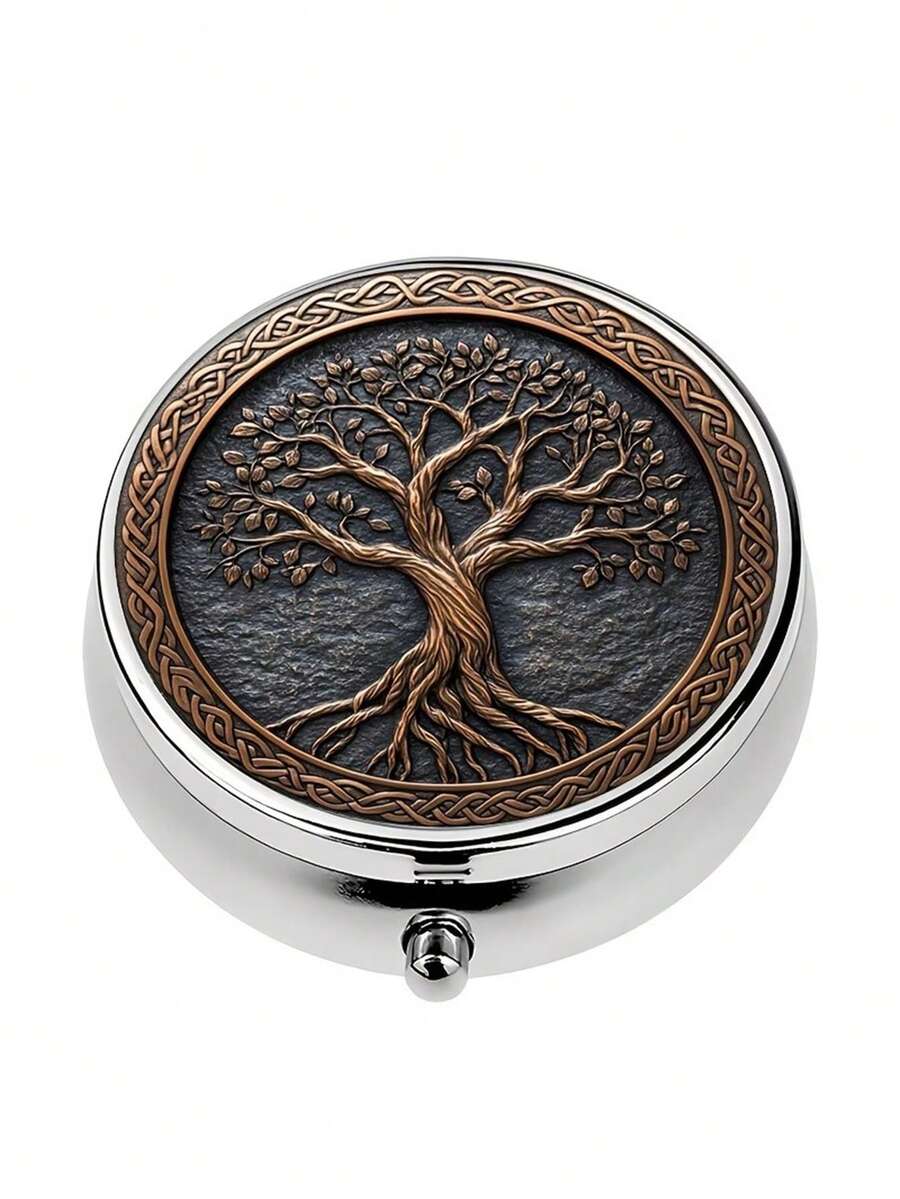 2D Flat Design 1pc Portable Travel Pill Box, Metal Vitamin Storage Box With Tree Of Life Pattern, Metal Mini Pill Organizer Box, Unique Gift Compact Pill Box, Suitable For Pocket, Wallet And Travel Gift, Best Christmas Gift