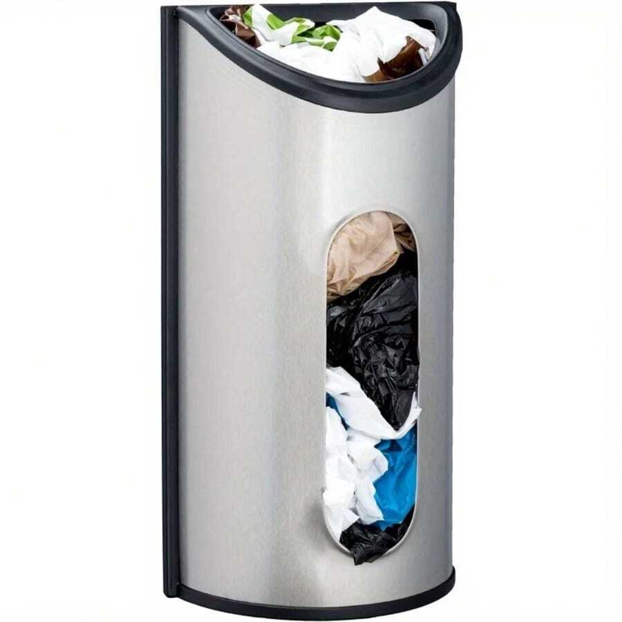 1pc Kitchen Wall-Mounted Stainless Steel Shopping Bag Storage Rack & Dispenser, Space-Saving Plastic Bag Organizer, Suitable For Kitchen, Pantry Or Cabinet, Reusable Plastic Bag Organizer, Silver - Silver - View 1