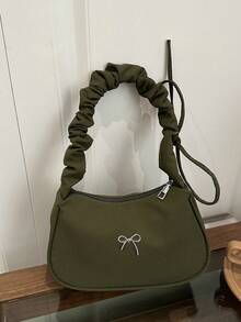 1 pieza Bolso de hombro casual de nailon rosa con estampado floral y cierre de cremallera, versátil para uso diario de mujeres - Verde - Ver 2