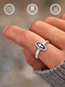 1pc S925 Sterling Silver Coffin Cross Ring, Dark Style Personalized Resin Inlaid Silver Ring, Punk Style, Suitable For Daily, Party, Bar Wear, Gift Box Included - Coffin Cross - View 10