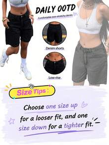 Women's Solid Color Bermuda Denim Shorts Casual Black Summer - Black - View 3